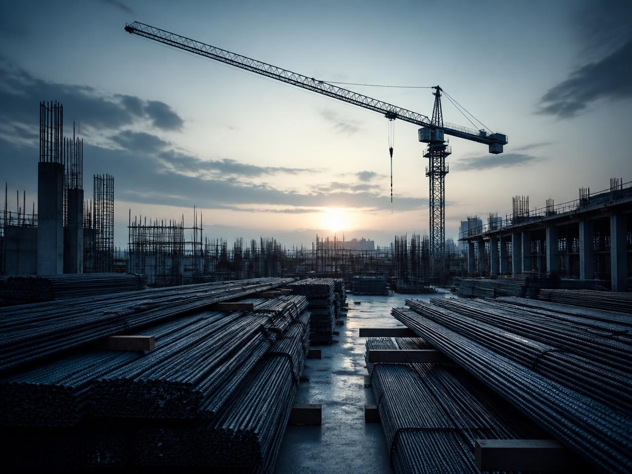 Construction site at dawn with stacked steel and a tower crane
