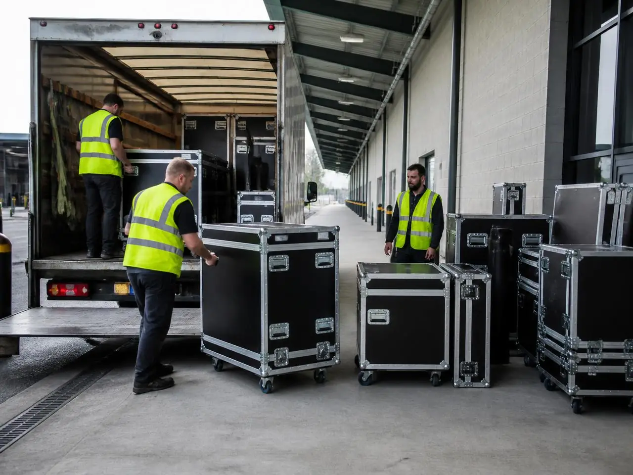 Exhibition crew unloading flight cases from a box van at a UK venue loading bay