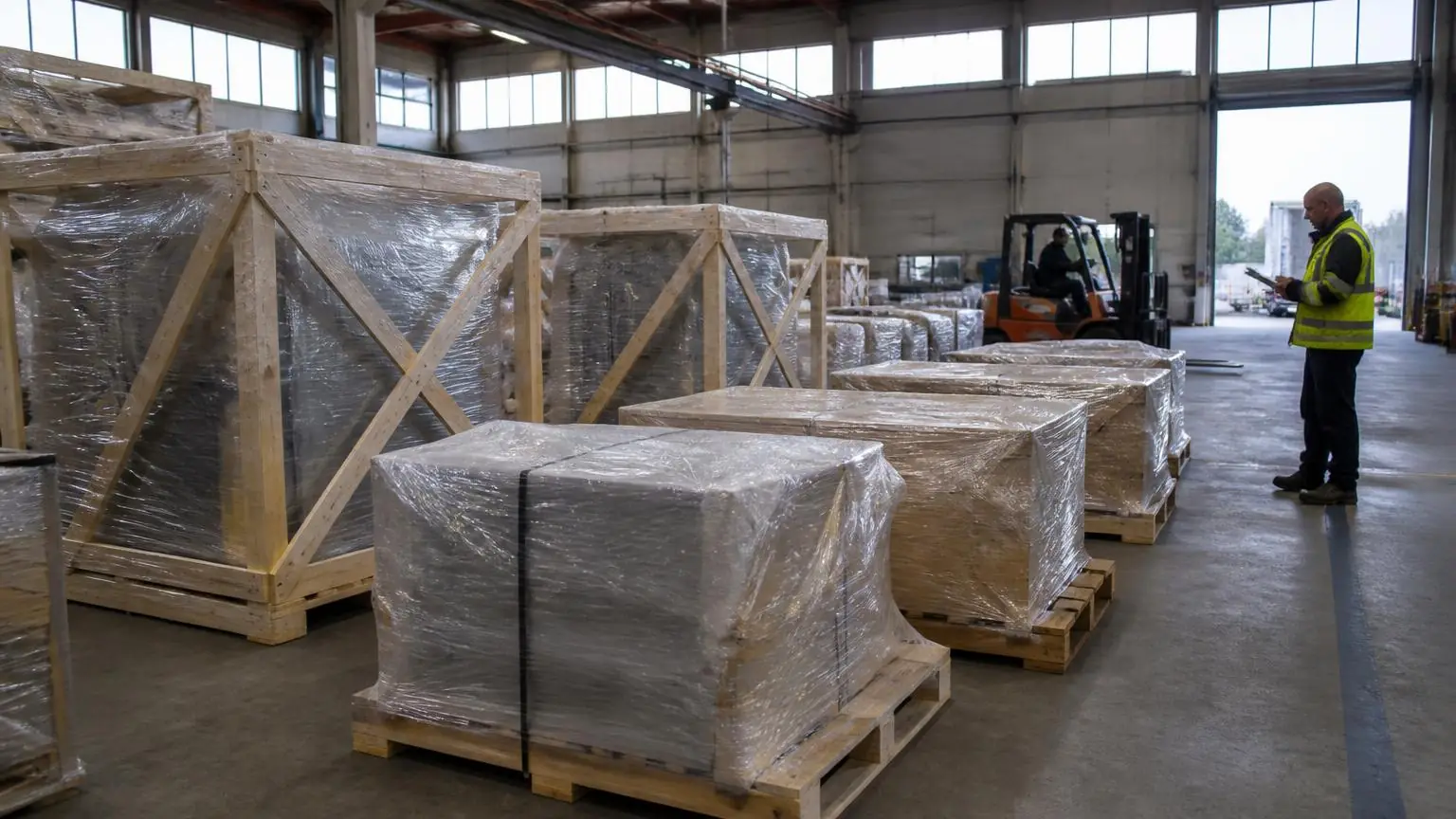 Crated and wrapped goods in a UK manufacturing goods-out area awaiting a dedicated collection