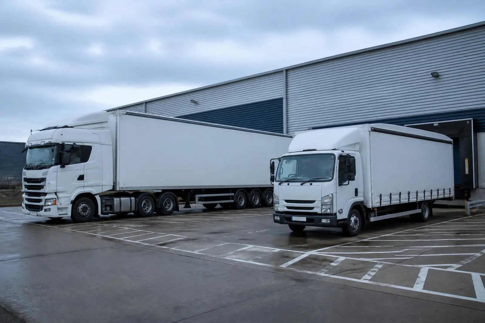 A liveried lorry in a North West yard prepared for a UK haulage movement
