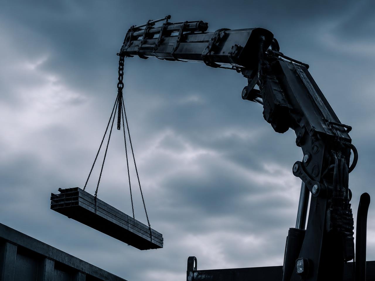 HIAB crane arm lifting a steel load