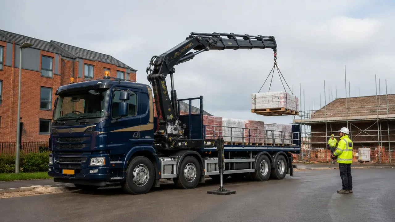 A liveried lorry-mounted HIAB crane with outriggers deployed, offloading packaged building materials at a UK site