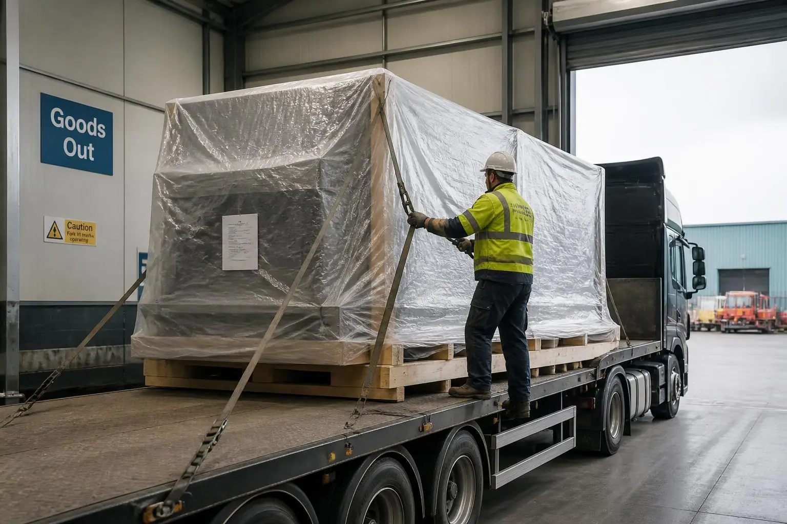 Crated machinery strapped and load-secured on a flatbed trailer at a UK goods-out bay