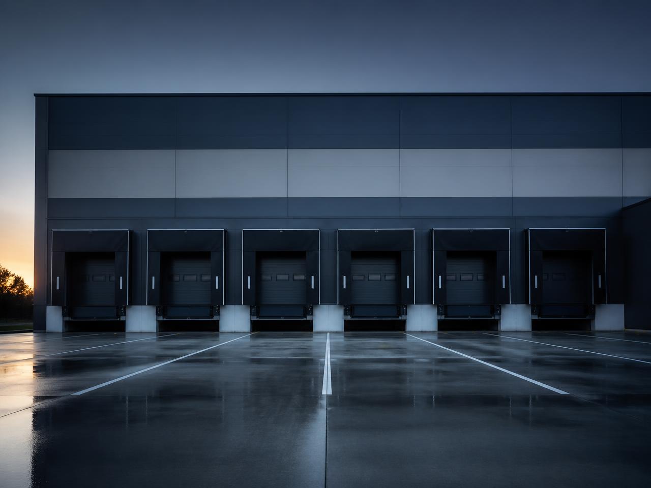 Loading bay doors of a distribution centre at first light