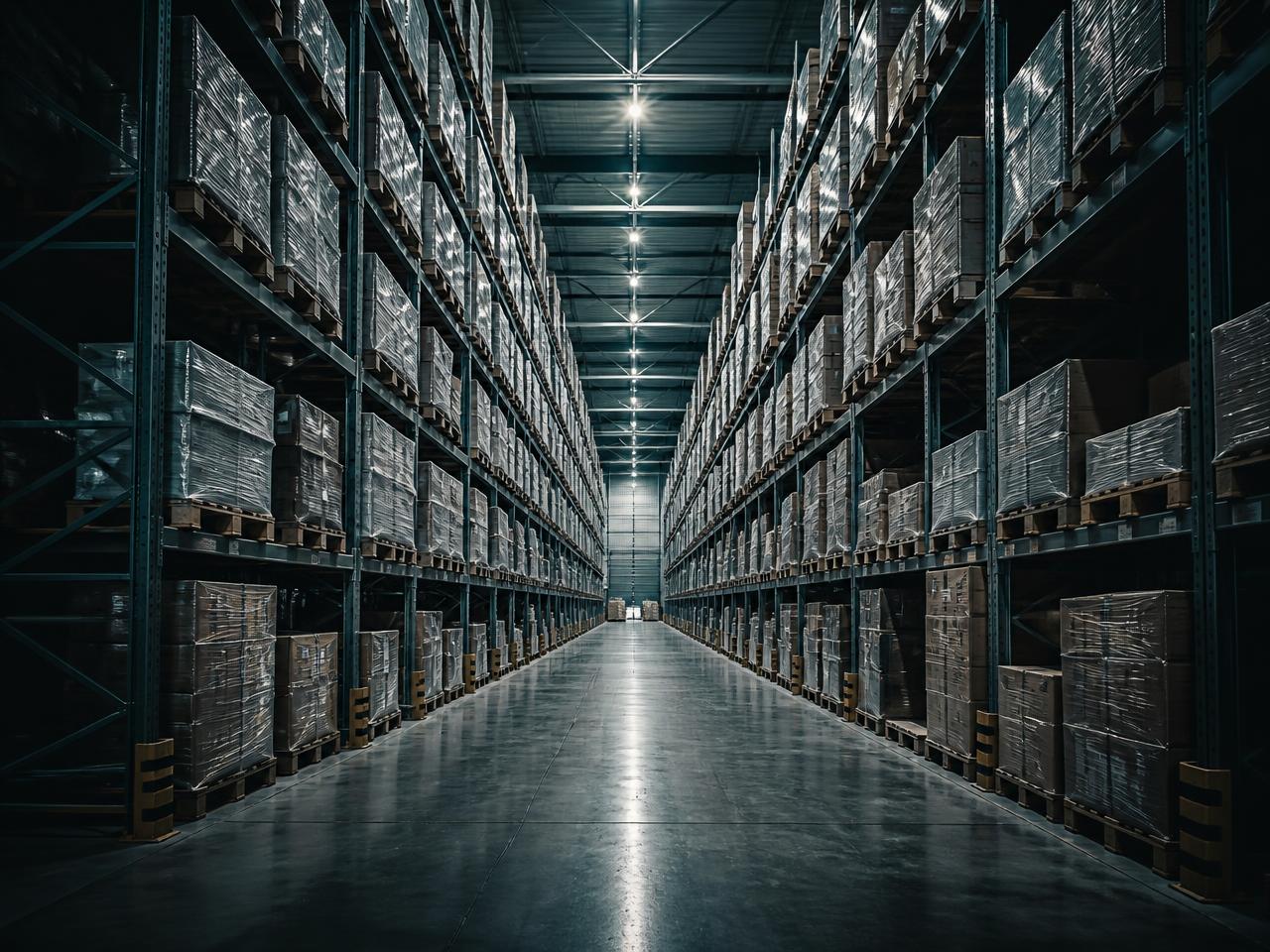 Aisle of a modern warehouse with palletised racking