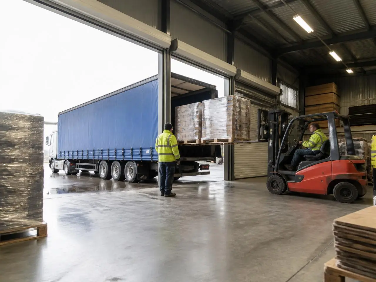Pallets being loaded onto a curtain-side lorry at a UK warehouse loading bay